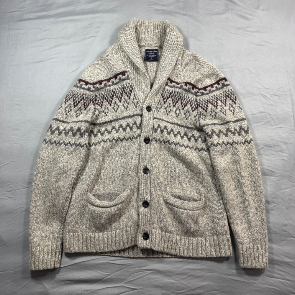 Abercrombie & Fitch Mens Merino Wool Blend Fair Isle Shawl Cardigan Sz S Chunky